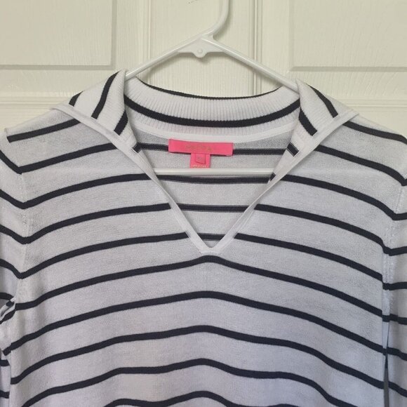 Lilly Pulitzer XS Crestwood Sweater Resort White Navy Maritime Stripe Fringe - Picture 3 of 8
